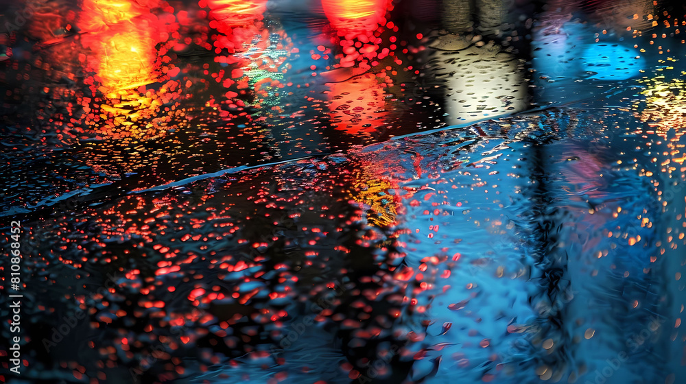 Poster light reflections on rain - soaked streets create a mesmerizing visual display