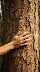 Hand Embracing a Tree Trunk - A Close Encounter with Nature