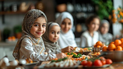 group of happy muslim having dinner during ramadan celebration ,family cooking together