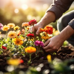 Obraz premium A person planting colorful flowers in a garden.