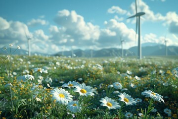 Field of daisies with wind turbines set against cloudy sky