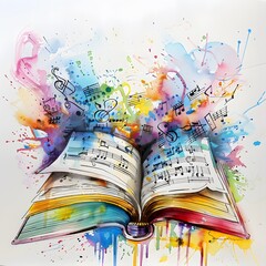 Illustration of an open music book with color splash and notes radiating from the pages on a light background.