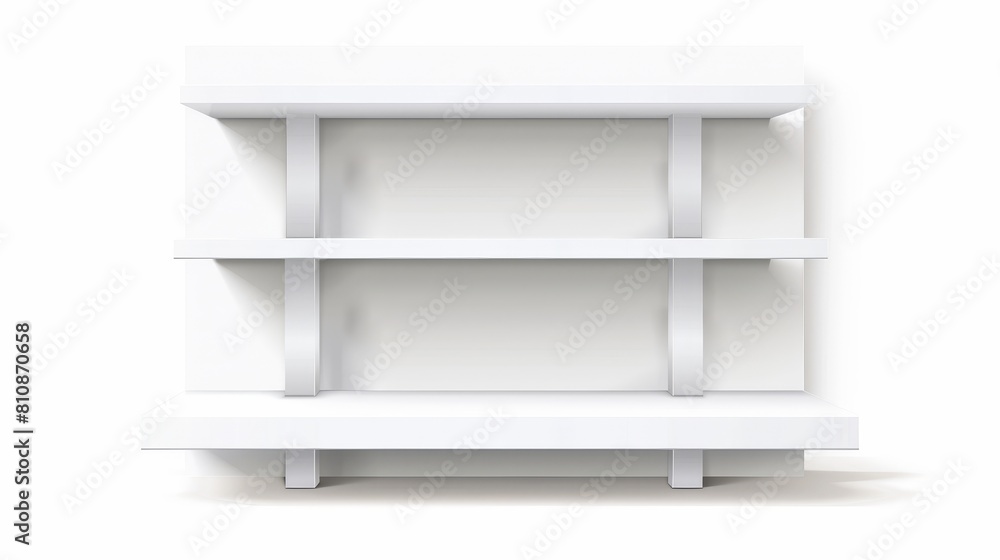 Poster a white pos display stand for supermarket products. it has an empty shelf for displaying products. a