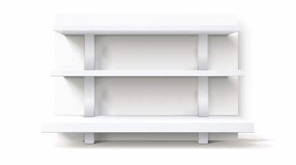 A white POS display stand for supermarket products. It has an empty shelf for displaying products. A portable exhibition retail showcase isolated on a white background.