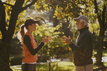 Fototapeta premium Man and Woman Talking in a Park. Generative AI