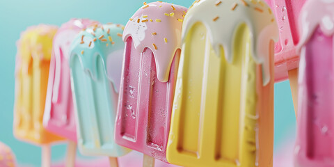 Popsicle ice cream with pastel colors, melting and dripping on the stick. Colorful summer popsicles background for product design or advertising concept of cold healthy food, ice lollies