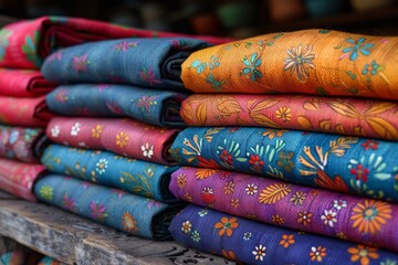 Colorful fabrics are stacked on a wooden table.