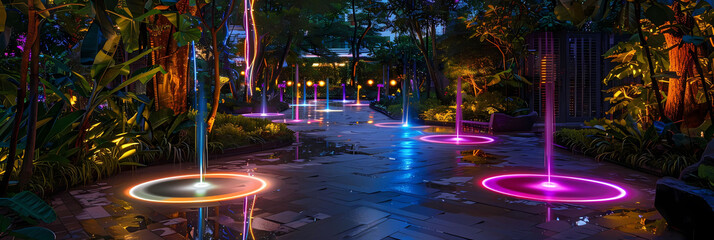 magical light play in urban gardens at night, featuring a round circle as the centerpiece - Powered by Adobe