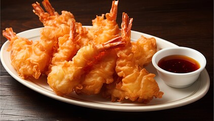 Shrimp tempura, delightful Japanese dish, shrimp battered and deep-fried until crisp and golden...