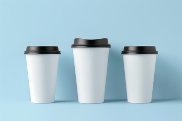 Three white paper cups with black lids in different sizes. The cups are lined up next to each other. Mockup