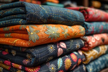 A stack of colorful fabrics on display.
