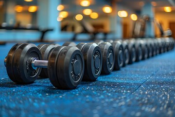 Dumbbell and barbell weights in a modern fitness gym background