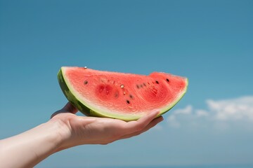 Holding a Vibrant Watermelon Slice Against a Tranquil Blue Sky for Refreshing Summer Photography