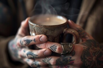 A person holding a mug of coffee with steam rising from it. The mug is brown and has a design on it. The person has tattoos on their hands and is wearing a ring. Concept of relaxation and comfort - Powered by Adobe