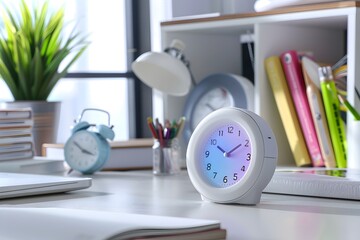 Digital Alarm Clock on Minimalist Desk with Office Supplies
