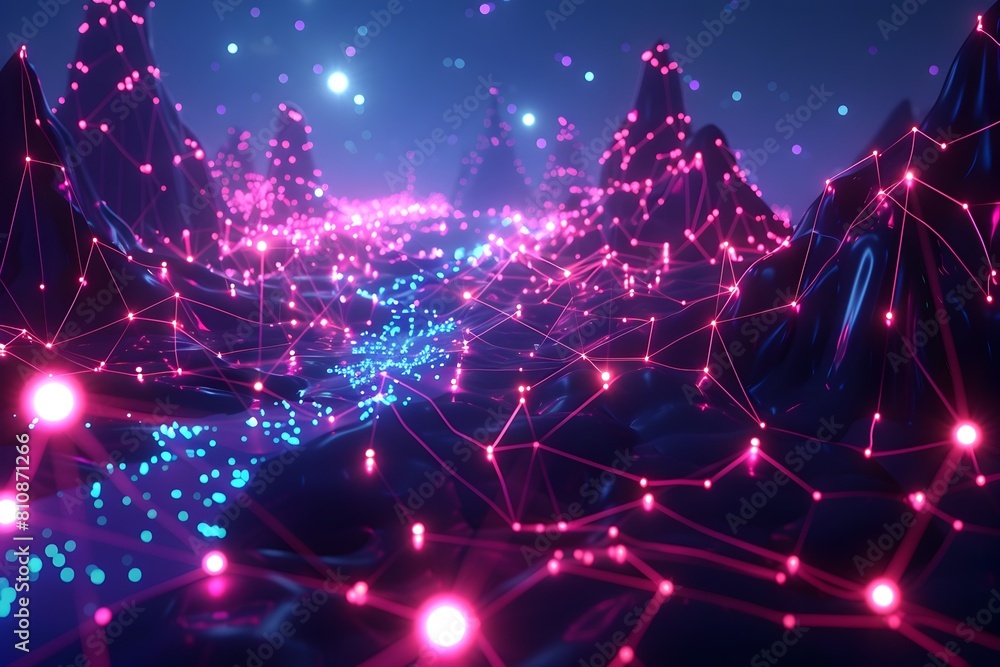 Poster intricate interconnected digital landscape with glowing energy nodes and neon color scheme