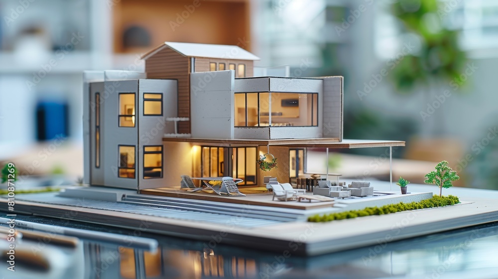 Poster a model of a large house with a white roof and a green tree in the yard. the house is surrounded by 