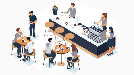 Coffee break at work. Isometric illustration of young