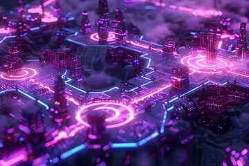Intricate Interconnected Digital Cityscape with Glowing Energy Nodes and Vibrant Neon Color Scheme