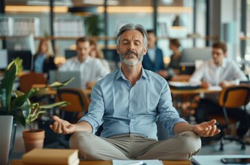 A man is sitting at a desk with a potted plant in front of him in a business environment. He is in a relaxed state of mind, possibly meditating. Office setting. Concept of stress & meditation - Powered by Adobe