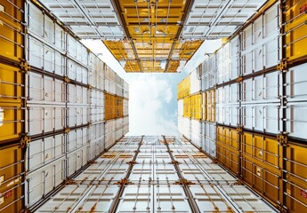 Fototapeta premium A nadir view of a pile of ship yellow and white ship containers