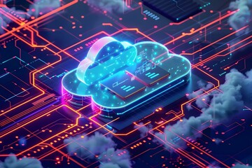 Vibrant Isometric Cloud Computing Platform with Interconnected Digital Services and Infrastructure