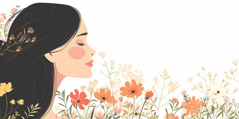 Profile of a Woman Amidst Flowers. Woman's Day, Mother's Day Background