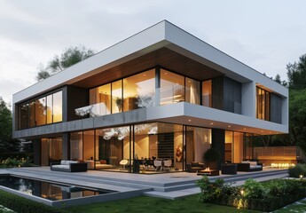 Fototapeta premium A large, modern house with a pool and a fireplace. The house is surrounded by trees and has a lot of windows, giving it a bright and airy feel