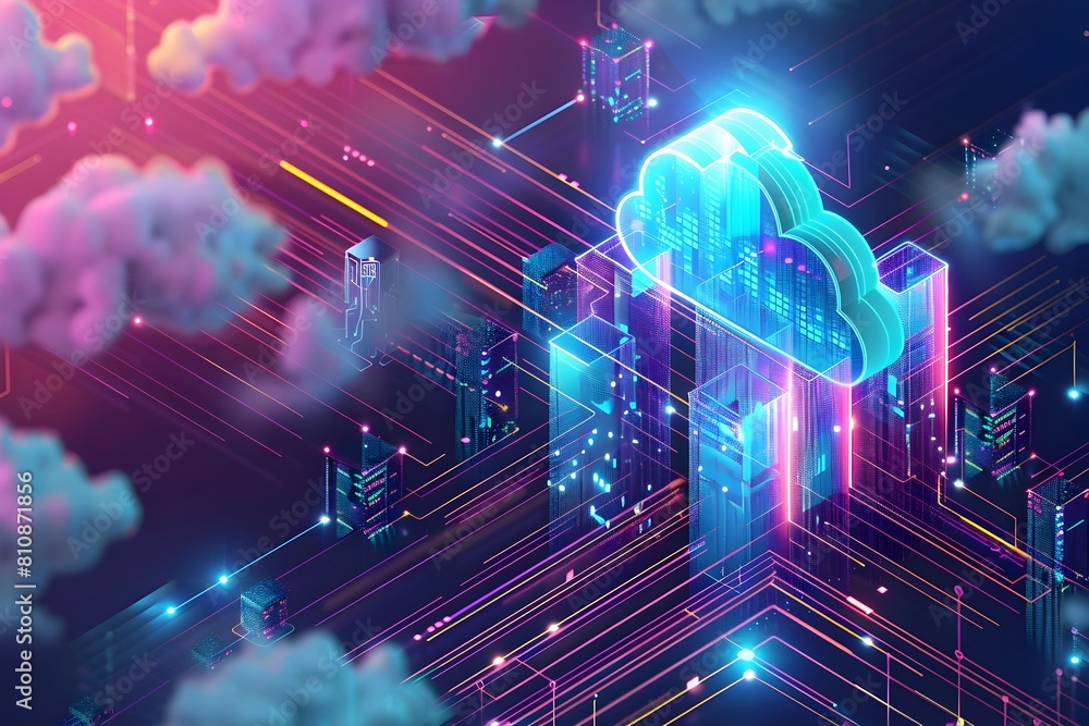 Poster vibrant isometric cloud computing platform with interconnected digital services and futuristic