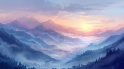 The beauty of a peaceful sunrise over misty mountains, soft pastel colors, gentle fog rolling over...