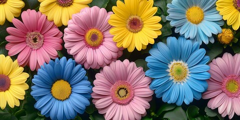 A group of colorful daisies are arranged in a row.
