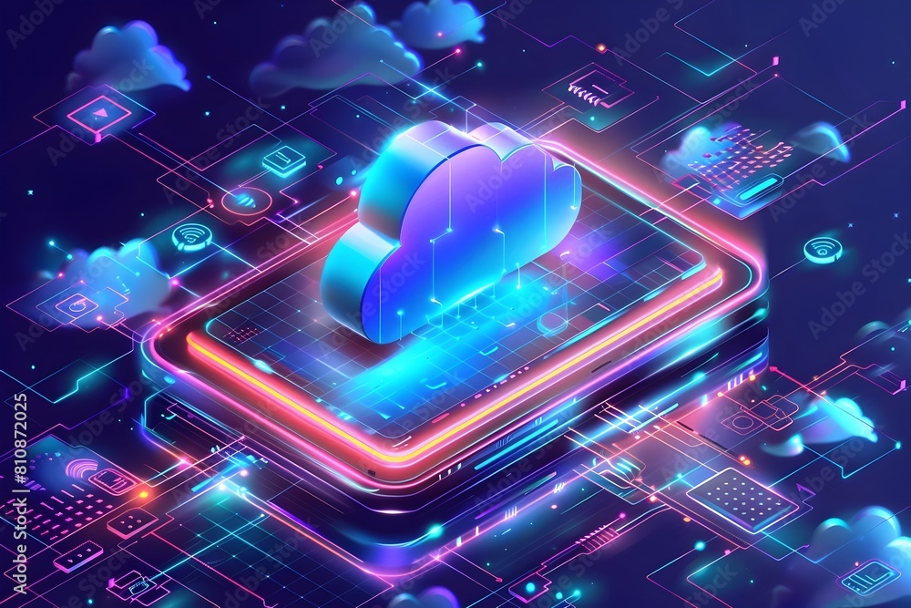 Poster vibrant isometric cloud computing platform with interconnected services and futuristic