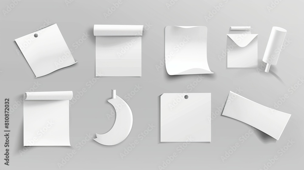 Poster a realistic 3d modern set of white stickers of different shapes with shadows and folded edges. tags,