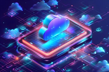 Vibrant Isometric Cloud Computing Platform with Interconnected Services and Futuristic