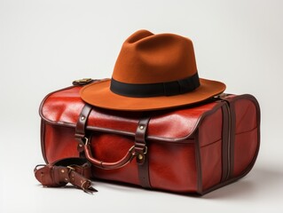 A leather suitcase with a hat and a belt.