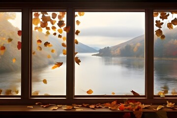 Autumn leaves stuck to a window, partially obscuring the view