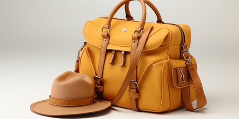A yellow backpack and hat with a leather strap. - obrazy, fototapety, plakaty