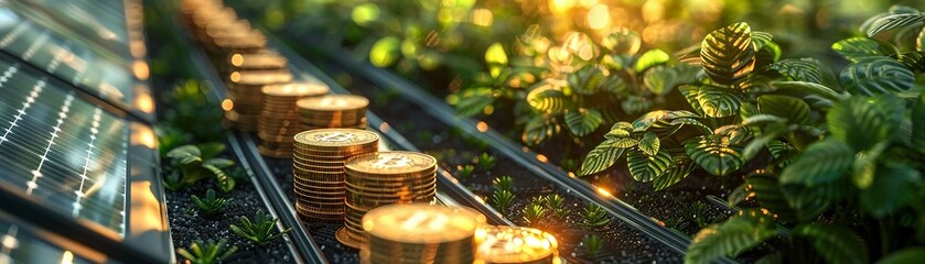 Coins rise in stacks as a symbol of profitable investment, framed by solar panels and the rich green plants thriving around them