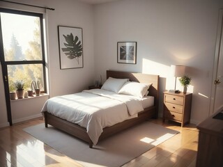 Modern and cozy bedroom with a comfortable bed, wooden furniture, and soft natural lighting from a large window at sunrise or sunset