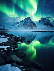 A beautiful landscape with a lake and mountains in the background. The sky is filled with auroras, creating a serene and peaceful atmosphere
