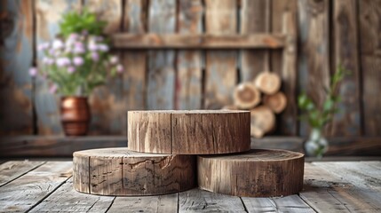 wooden stumps stacked on top of each other in front of a concrete wall with a plant in the top right corner. - Powered by Adobe