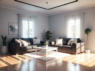 Bright and airy living room with stylish furniture, hardwood floors, and houseplants enjoying the sunlight from large windows