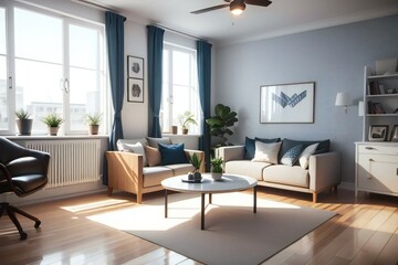 Stylish urban apartment with contemporary furniture, sunlit living room, and an elegant cozy ambiance