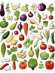 A colorful drawing of various vegetables and fruits, including carrots, tomatoes, and peppers. Concept of abundance and freshness, showcasing the diversity of produce available