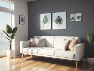 Sunlit contemporary living room with white sofa, wooden floors, and wall art, creating a stylish and serene atmosphere