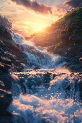 A waterfall with a sun shining on it. The sun is in the sky and the water is flowing down the rocks