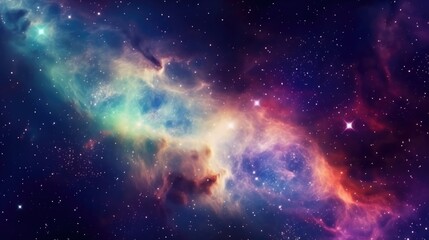 A colorful galaxy with a long, thin cloud of gas and dust. The galaxy is filled with stars and is surrounded by a vast expanse of space. The colors of the galaxy are vibrant