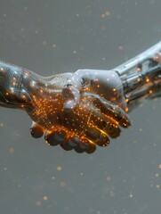 A robot hand shakes a human hand. The robot hand is made of metal and has a metallic look to it