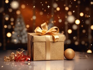 A gold wrapped gift box with a gold ribbon sits on a table. The scene is set in a room with a Christmas tree in the background. Concept of warmth and joy