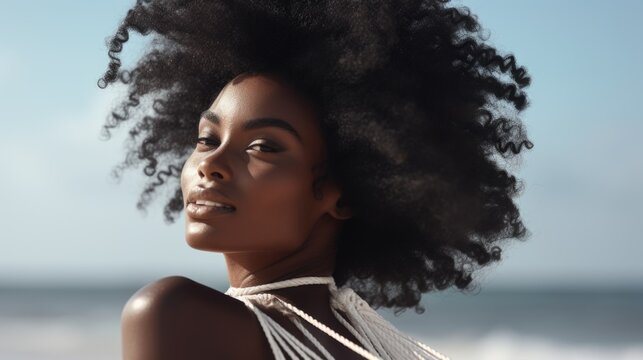 A woman with curly hair is standing on a beach, smiling and looking at the camera. Concept of confidence and happiness, as the woman is enjoying her time at the beach